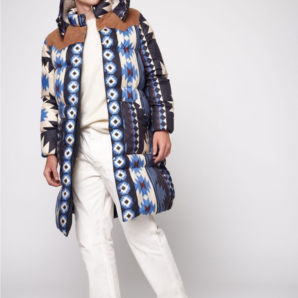 Blast Off Blue Aztec Patterned Men's Puffer Coat